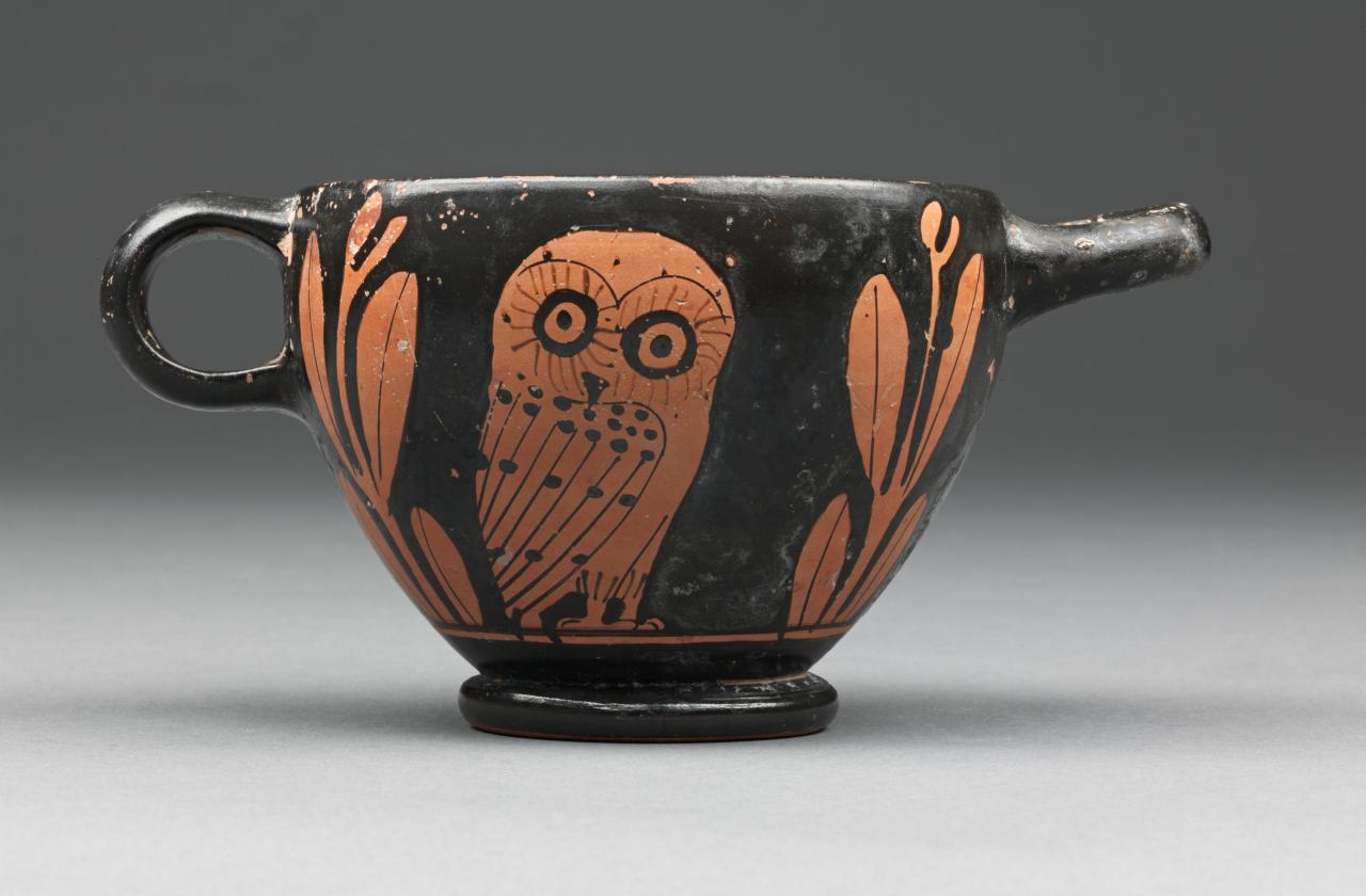 fig. 1<br/>
<em>Attic owl-skyphos</em> 2nd quarter of 5th century BC<br/>
clay<br/>
H. 8.3 x D. 11.3 x W. (including handles) 17.0 cm. <br/>
National Gallery of Victoria, Melbourne<br/>
Purchased, 1893 (80R-D1A)<br/>