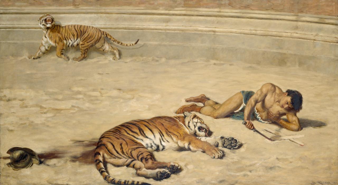 fig. 5<br/>
Briton Rivière<br/>
British 1840–1920 <br/>
<em>A Roman holiday</em> 1881 <br/>
oil on canvas<br/>
99.5 x 178.2 cm<br/>
National Gallery of Victoria <br/>
Purchased 1888 (p.313.2.1)<br/>