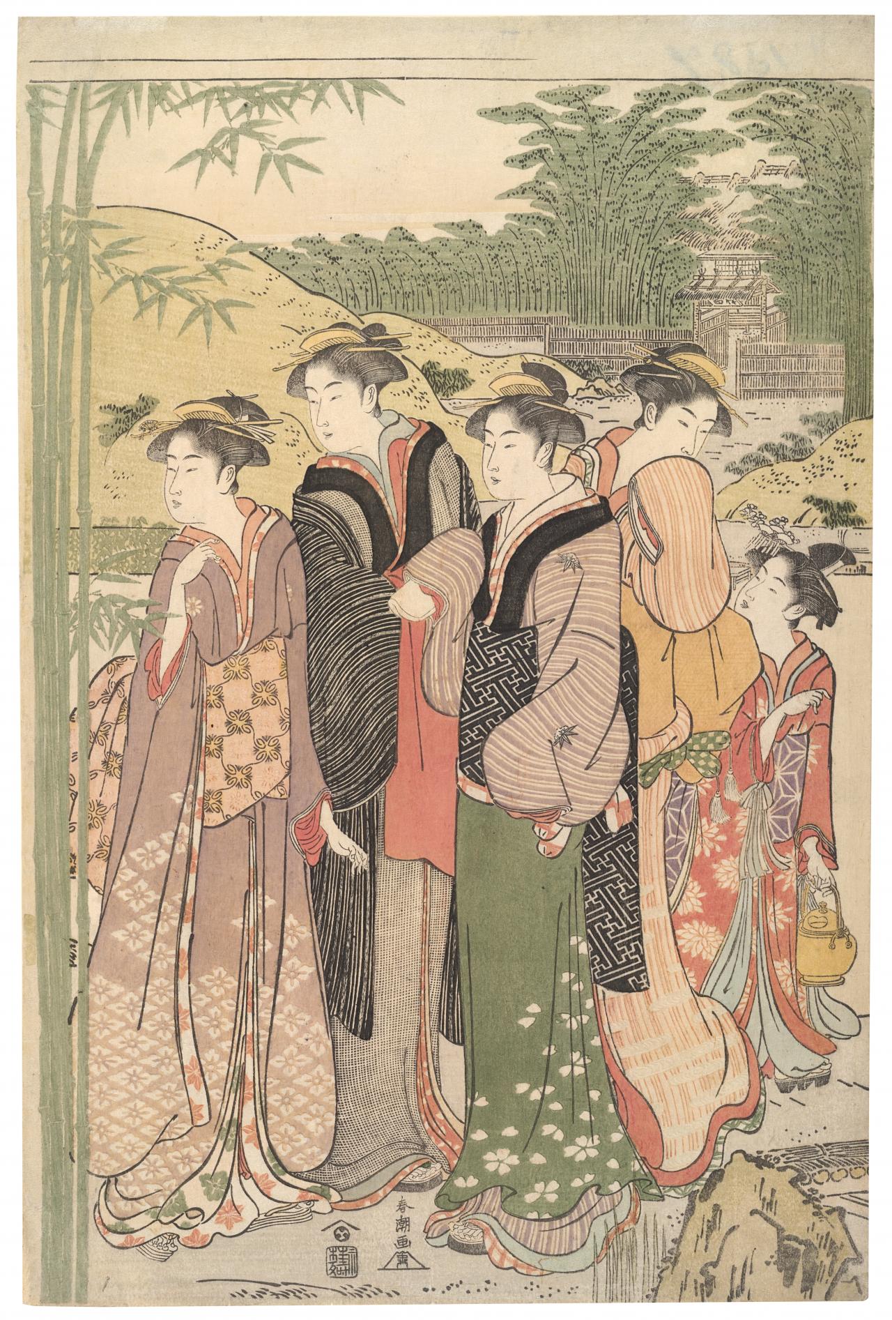 fig. 2 <br/>
Katsukawa Shuncho <br/>
Edo (Tokyo) fl. c.1780–1795 <br/>
<em>Representation (parody) of ‘The Seven Sages of the Bamboo Grove’</em> c.1788<br/>
colour woodblock on paper<br/>
39.2 x 25.7 cm (right panel of a diptych)<br/>
National Gallery of Victoria<br/>
Purchased from Trustees Funds, 1993 (AS32-1993)<br/>