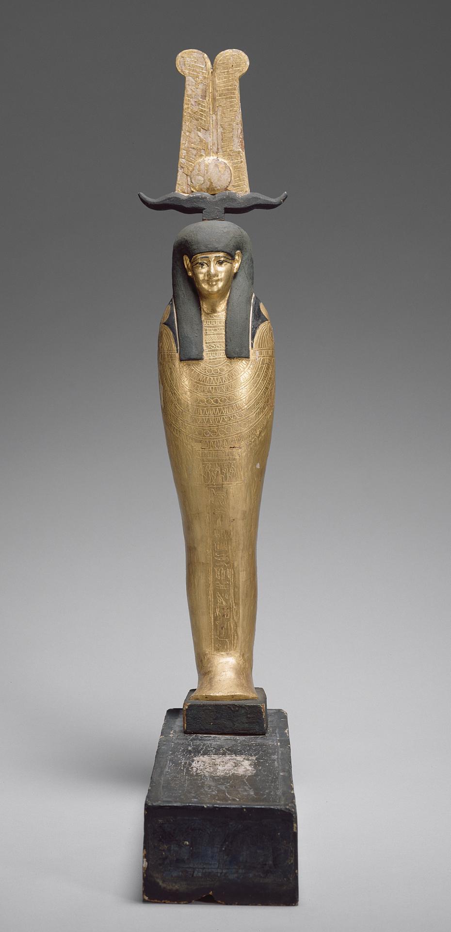 fig. 2 <br/>
<em>Figure of Ptah-Sokar-Osiris</em> <br/>
Egyptian (Akhmim), Ptolemaic Period, 332–30 B.C. <br/>
gilded and painted wood <br/>
height 89.5 cm <br/>
Felton Bequest 1939 (D96.a-c-1982)<br/>