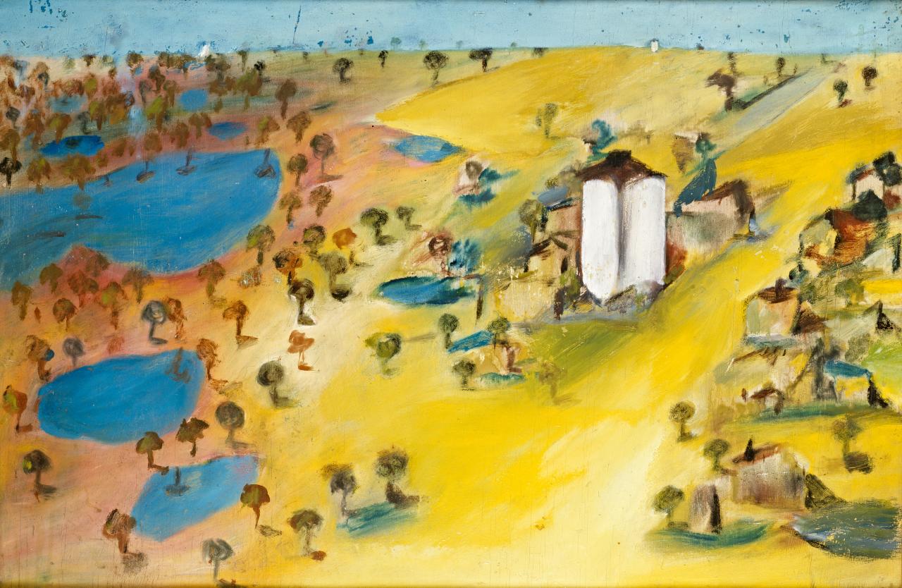 fig. 1 <br/>
Sidney Nolan<br/>
Australian, 1917–1992<br/>
<em>Wimmera (from Mount Arapiles)</em> 1943 <br/>
Ripolin enamel on board <br/>
61 x 91.5 cm <br/>
inscribed verso, Wimmera Landscape 1943 <br/>
Presented by Sir Sidney and Lady Nolan 1983 (A24-1983)<br/>