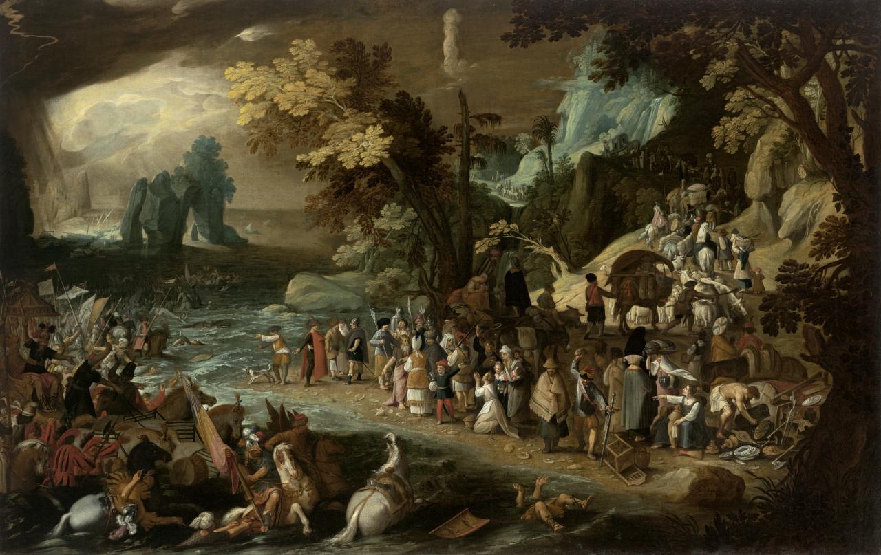 fig. 1 <br/>
Sebastiaen Vrancx <br/>
Flemish, 1573-1647<br/>
<em>The Crossing of the Red Sea</em> late 1590s<br/>
oil on canvas<br/>
115.5 x 183 cm<br/>
Purchased through The Art Foundation of Victoria with the generous assistance of the National Australia Bank Limited, Founder Benefactor, 1989<br/>
National Gallery of Victoria (E1-1989)<br/>