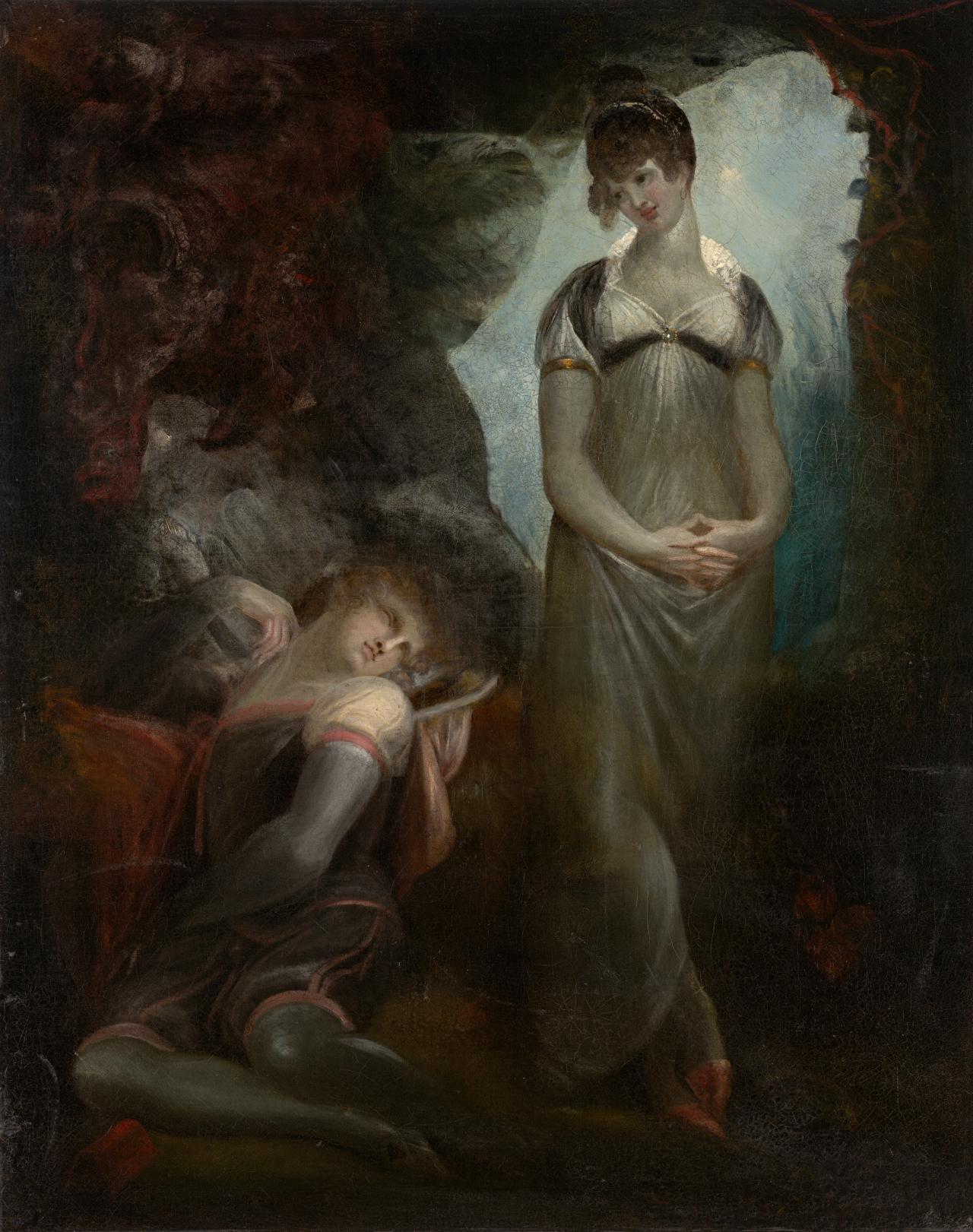 fig. 1 <br/>
Henry Fuseli <br/>
English, 1741–1825 <br/>
<em>An Italian woman contemplating the young Milton asleep</em> 1796–99 <br/>
oil on canvas <br/>
128 x 102 cm <br/>
National Gallery of Victoria, Melbourne<br/>
Purchased, 1981 (EL/1981)<br/>