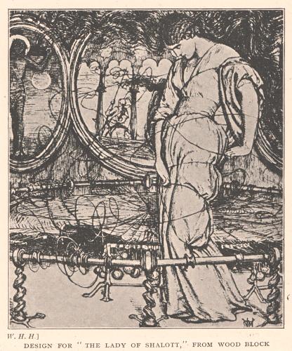 fig. 8<br/>
Unknown photographer<br/>
William Holman Hunt&rsquo;s design for <em>The Lady of Shalott</em><br/>
drawing on uncut woodblock c.1856&ndash;57<br/>
in George Somes Layard, <em>Tennyson and His Pre-Raphaelite Illustrators</em>, London, Elliot Stock, 1894<br/>
Baillieu Library, University of Melbourne<br/>


