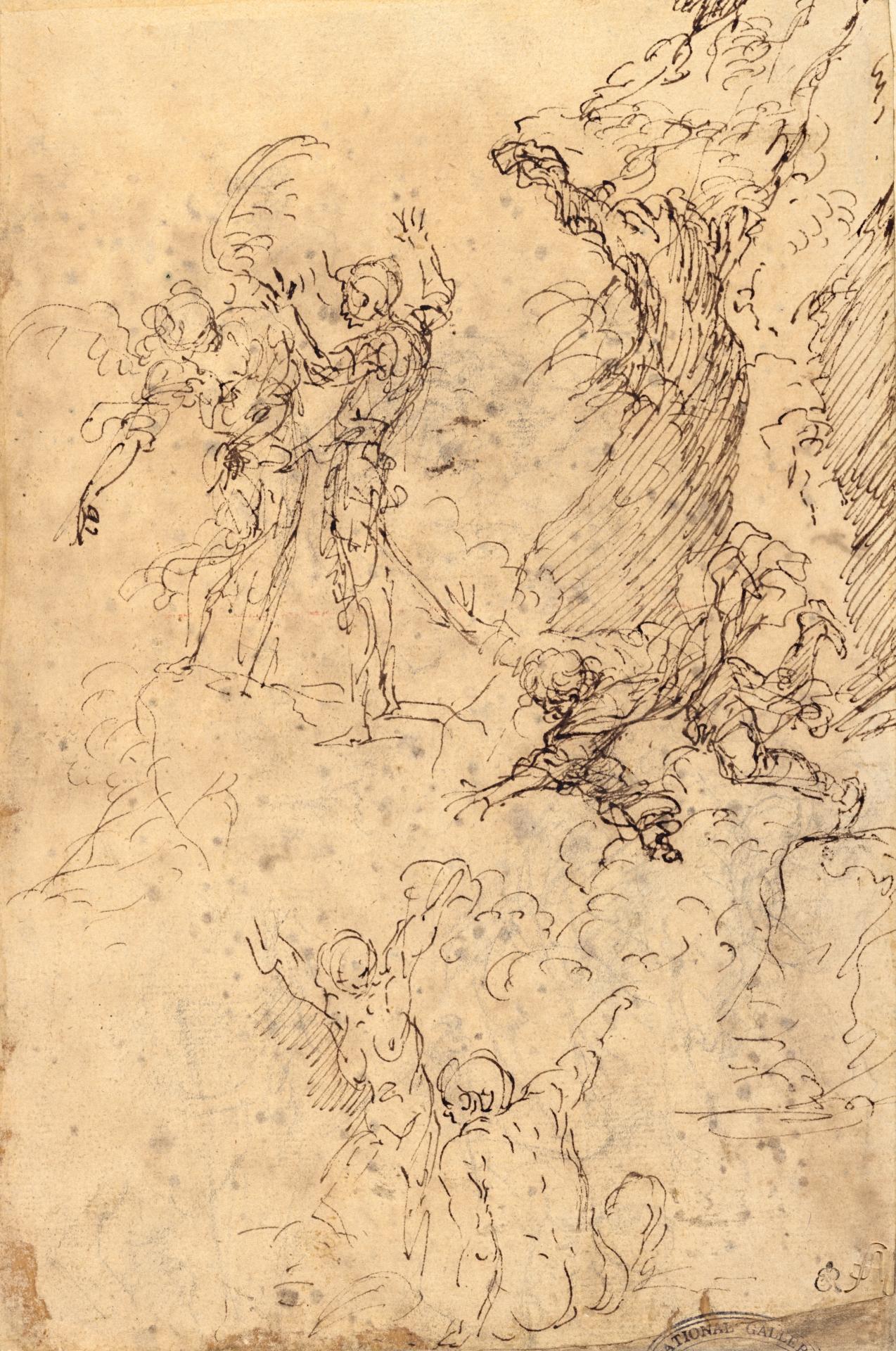 fig. 1 <br/>
Salvator Rosa<br/>
Italian, 1615–73<br/>
A sheet of studies with a sketch for <em>The death of Empedocles</em> <br/>
pen and brown ink<br/>
27 x 17.8 cm<br/>
Felton Bequest 1923 (1278.733-3)<br/>