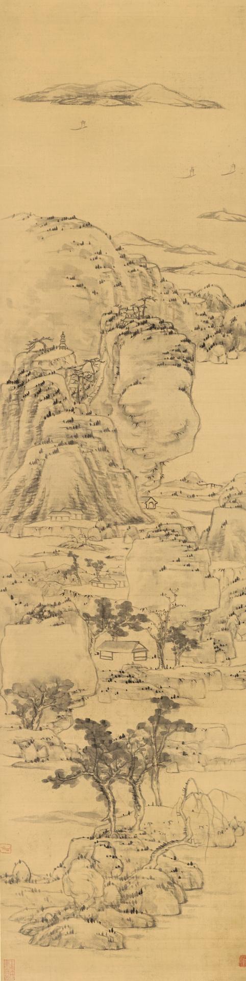 fig. 5b<br/>
Bada Shanren<br/>
<em>Landscape in the style of Ni Zan, (1301-1374)</em> c.1664<br/>
anging scroll: ink and pigment on silk<br/>
167.3 x 44.9 cm <br/>
National Gallery of Victoria, Melbourne<br/>
Purchased through The Art Foundation of Victoria with the assistance of the Rachel and Freda Goldenberg Memorial Trust, Governor, 1983 (AS3.2-1983)<br/>


