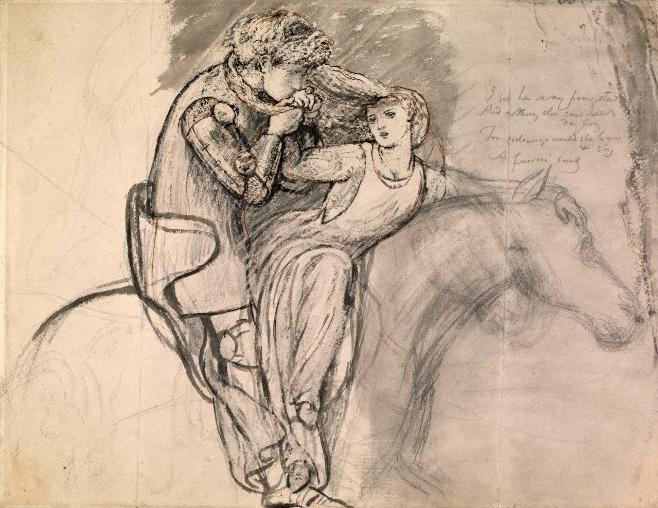 fig. 2<br/>
Dante Gabriel Rossetti<br/>
English 1828-1882<br/>
<em>La Belle Dame sans Merci</em> c.1855<br/>
pencil, pen and ink<br/>
33.0 x 43.0 cm<br/>
British Museum, London<br/>


