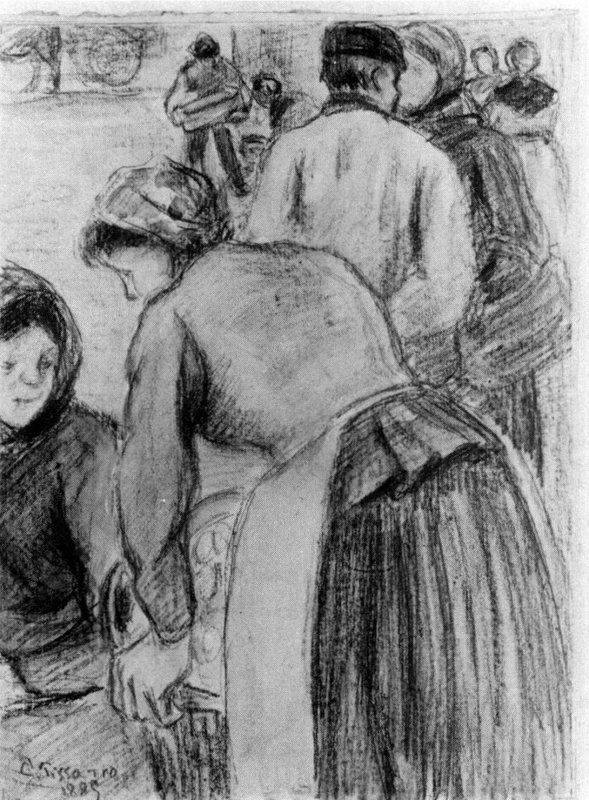 fig. 5<br/>
Camille Pissarro<br/>
<em>Study of a Market</em><br/>
black chalk heightened with watercolour<br/>
28.0 x 20.2 cm<br/>
Signed and dated 1885<br/>
Private collection, England<br/>


