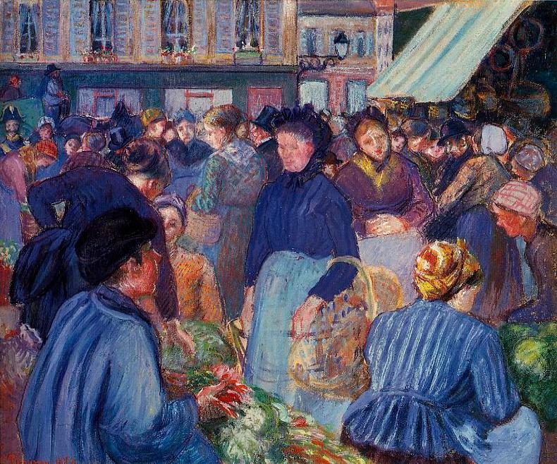 fig.16<br/>
Camille Pissarro<br/>
<em>Le march&eacute;  de Pontoise</em><br/>
tempera on canvas<br/>
52.0 x 63.0 cm<br/>
Signed and dated 1889<br/>
Private collection, USA<br/>


