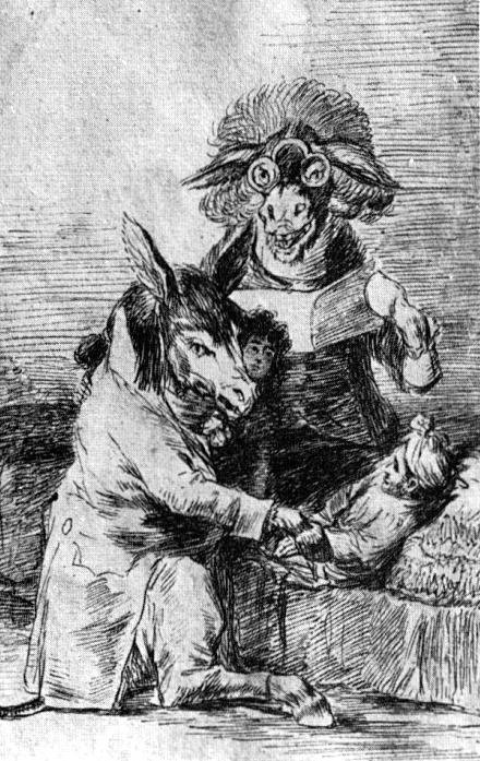 fig. 22 <br/>
Francisco Goya <br/>
'Brujas disfrazadas en fisicos comunes' <br/>
(Witches disguised as common physicians), Sue&ntilde;o 27<br/>
24.2 x 18.3 cm<br/>
pen and sepia ink<br/>
Prado Museum, Madrid<br/>


