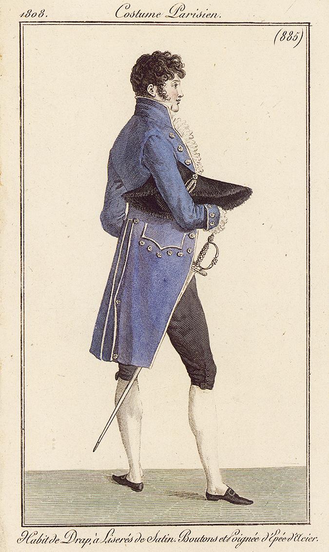 fig. 2<br/>
Unknown<br/>
<em>Habit de Drap, &agrave; Liseres de Satin. Boutons et Poign&eacute;e d&rsquo;&Eacute;p&eacute;e d&rsquo;Acier</em> <em>(no. 885) (Cloth coat with satin piping, buttons and steel sword (no.</em> <em>885))</em> 1808<br/>
Fashion plate in <em>Costume Parisien, Journal des Dames et des</em> <em>Modes,</em> Paris 1808<br/>
colour lithograph<br/>
19.0 x 11.5 cm (image and sheet)<br/>
Private collection<br/>


