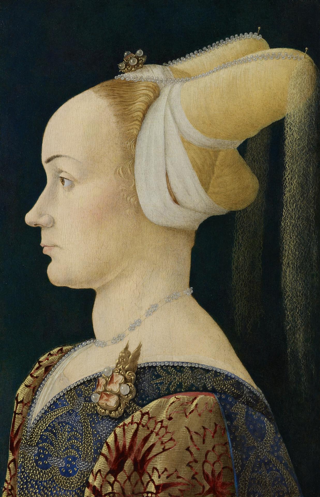 fig. 1<br/>
Unknown Ferrarese artist<br/>
<em>Profile portrait of a lady (after conservation</em> <em>treatment)</em> c. 1465<br/>
oil and tempera on poplar panel<br/>
38.0 x 25.2 cm<br/>
National Gallery of Victoria, MelbourneFelton Bequest, 1946<br/>