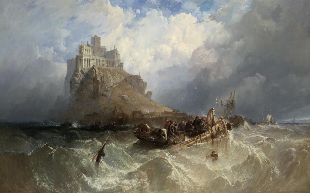 fig. 1<br/>
Clarkson Stanfield<br/>
<em>Mount Saint Michael, Cornwall</em> 1830<br/>
oil on canvas<br/>
153.2 x 244.0 cm<br/>
National Gallery of Victoria, Melbourne<br/>
Gift of J. R. Hartley, 1931 (4514-3)<br/>