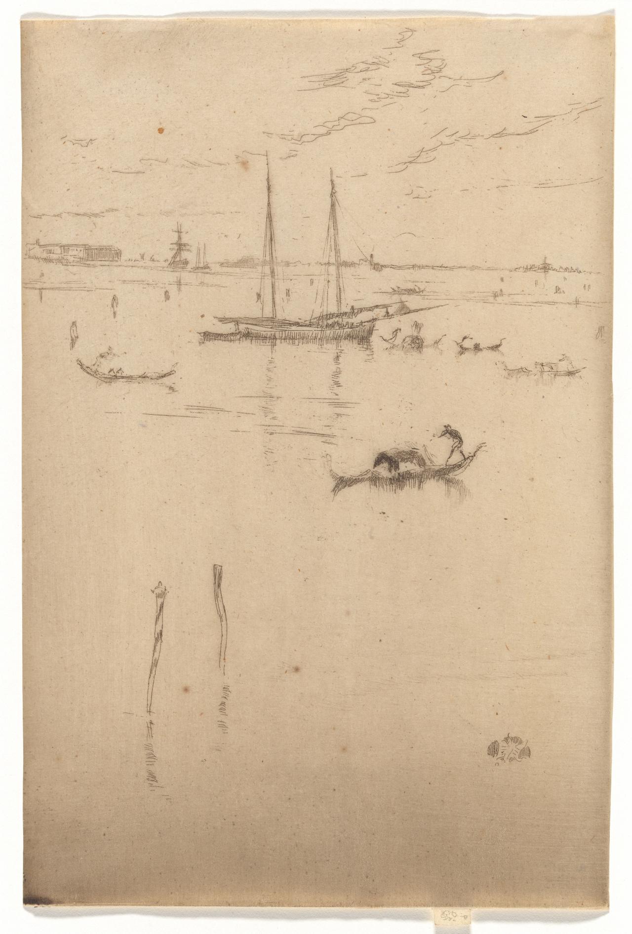 James McNeill Whistler<br/>
American 1834–1903, worked in France 1855–59, England 1859–92, France 1892–95, England 1895–1903<br/>
<em>The little lagoon</em><br/>
plate from <em>Venice, a series of twelve etchings (or The first Venice set)</em>, published by the Fine Art Society, London, 1880<br/>
Venice, Italy, printed London<br/>
etching, drypoint and plate-tone printed in brown ink, edition of 66, 4th of 4 states<br/>
Glasgow 216 iv/iv<br/>
22.5 x 15.1 cm (sheet, trimmed to platemark); 23.1 x 15.1 cm (sheet, including tab)<br/>
National Gallery of Victoria, Melbourne<br/>
Gift of Brenda Strang Mouritz in memory of Philip Strang, 2015<br/>