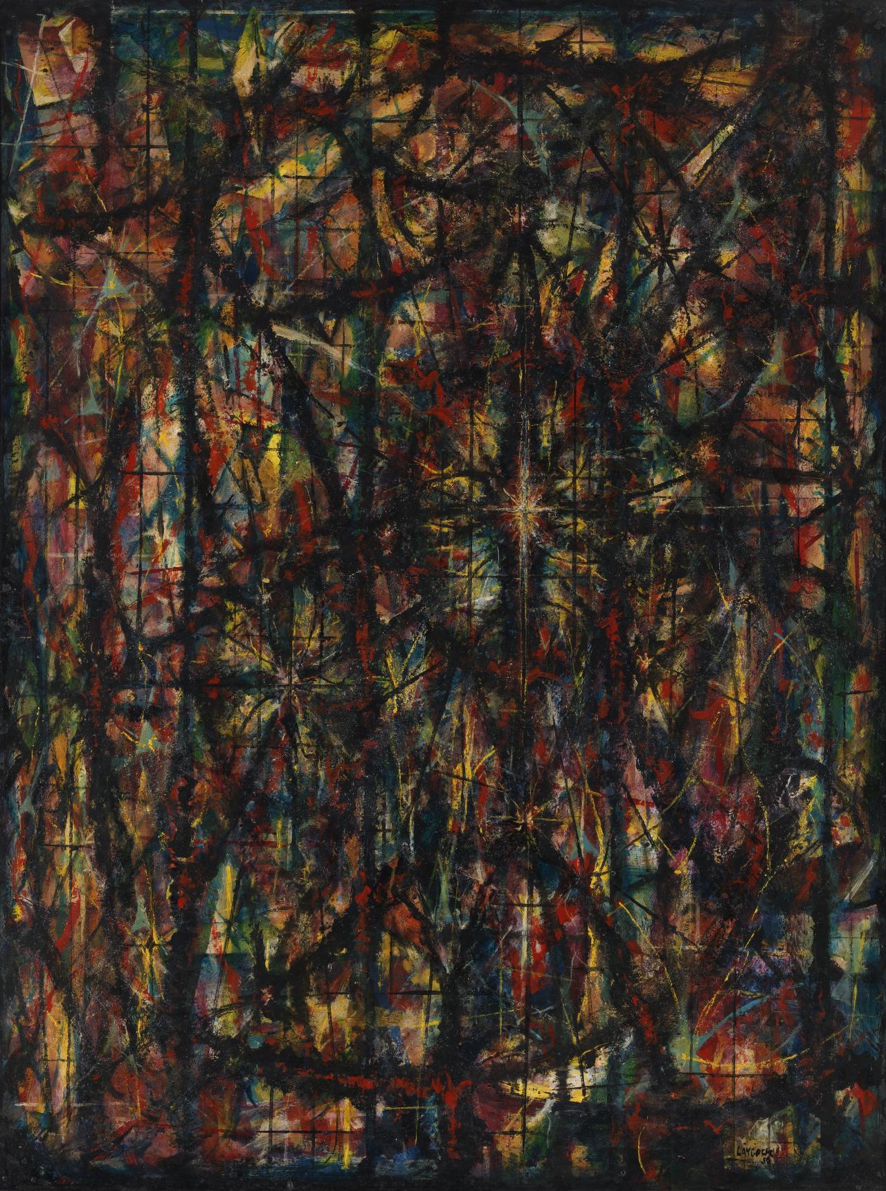 fig. 1<br/>
Donald Laycock<br/>
<em>In the beginning</em> 1956<br/>
enamel on composition board<br/>
122 x 91.4 cm<br/>
National Gallery of Victoria, Melbourne<br/>
In memory of Aubrey Hickes Lawson Gibson E. D., a devoted Trustee of the National Gallery of Victoria from 1954 to 1973. Gift of Mrs Jean Gibson in 1982 (A12-1982)<br/>
© Donald Laycock