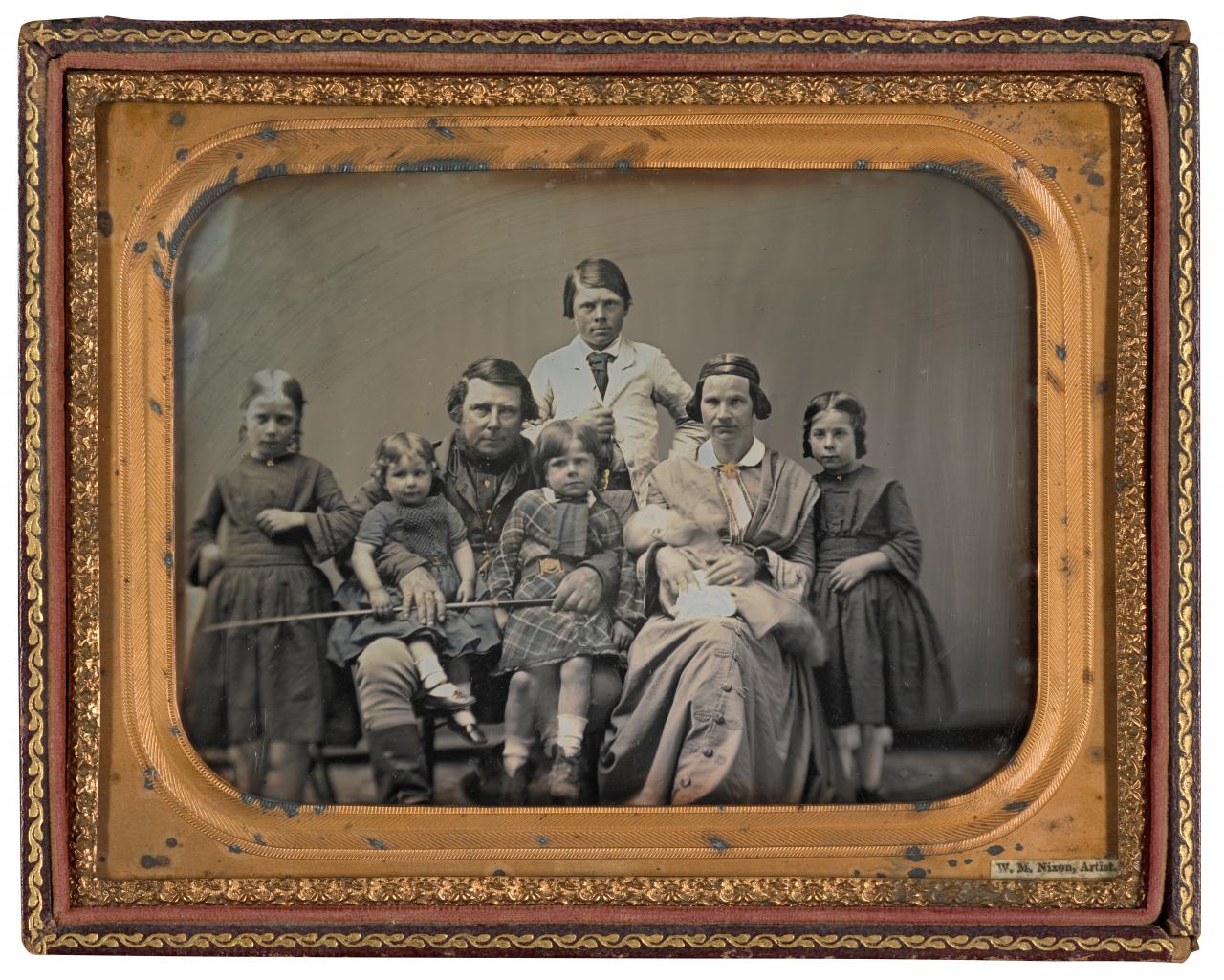 fig. 1<br/>
William Millington Nixon <br/>
<em>The Lashmar family</em> 1857-58<br/>
daguerreotype, coloured inks and gold leather, brass, metal, velvet and glass (case) <br/>
(8.2 × 11.2 cm) (image) 12.2 × 15.4 × 1.2 cm (case) <br/>
National Gallery of Victoria, Melbourne<br/>
(2004.47)<br/>