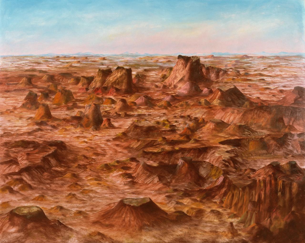 Sidney NOLAN<br/>
(1917-92)<br/>
<em>Inland Australia</em> 1950<br/>
oil and enamel paint on composition board<br/>
121.5 x 152.0 cm<br/>
Tate, London<br/>
Purchased, 1951<br/>