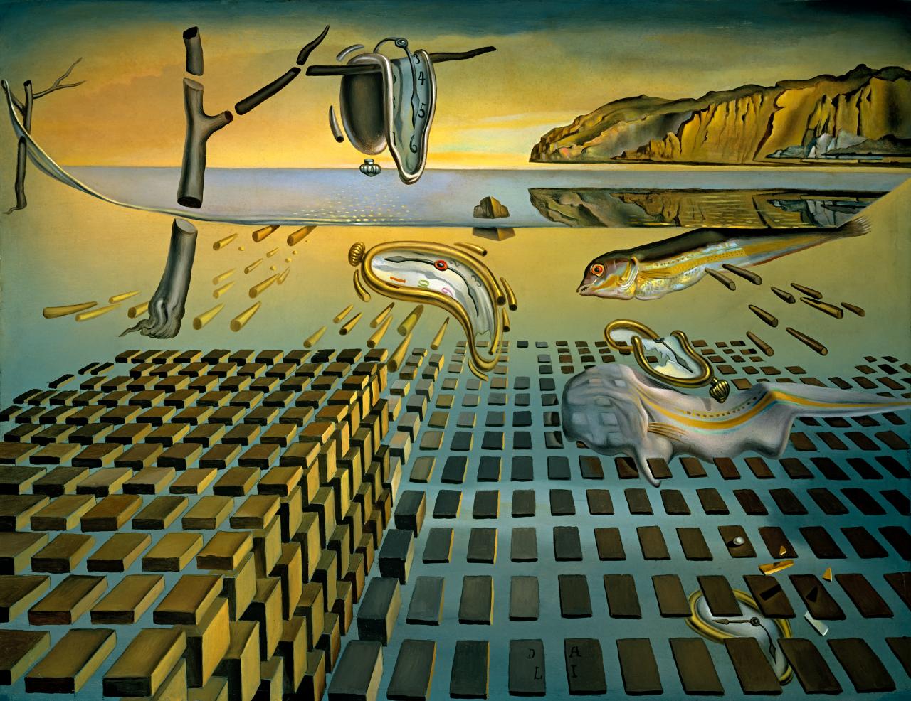 Salvador Dali<br/>
Spanish 1904-89,<br/>
worked in United States 1940-48<br/>
<em>The disintegration of The persistence of memory</em> 1952-54<br/>
oil on canvas<br/>
25.4 x 33.0 cm<br/>
The Salvador Dalí Museum, St Petersburg, Florida<br/>
Worldwide Rights: © Salvador Dalí, Fundació Gala-Salvador Dalí, VISCOPY, 2009.<br/>
In the USA: © Salvador Dalí Museum Inc.,<br/>
St. Petersburg, FL, 2009