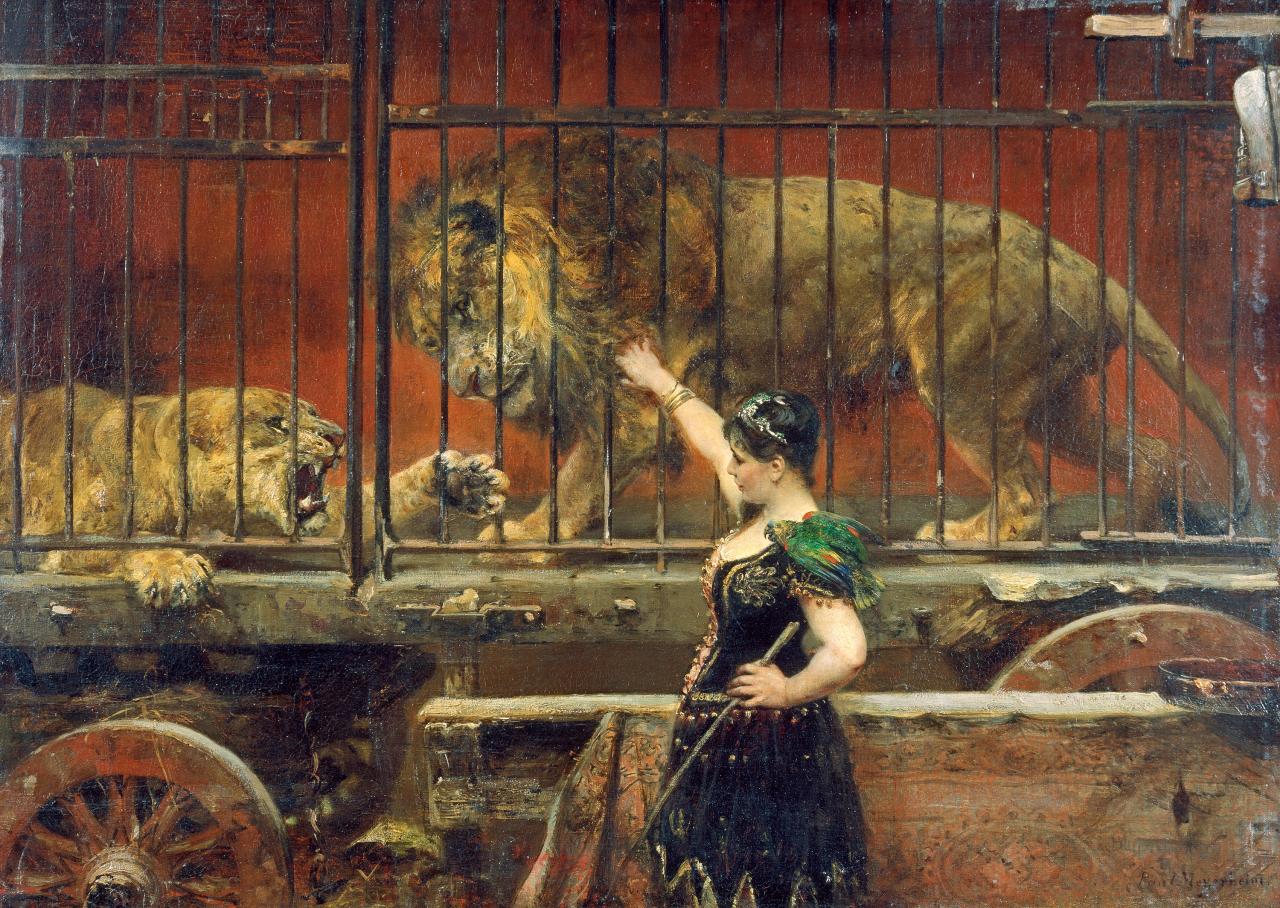 Paul Meyerheim<br/>
German 1842-1915<br/>
<em>The jealous lioness</em> c.1885-90 <br/>
(<em>Die eifersüchtige Löwin</em>) <br/>
oil on canvas<br/>
49.6 x 69.0 cm<br/>
Städel Museum, Frankfurt am Main<br/>
Acquired in 1903<br/>
Property of the Städelscher Museums-Verein e.V.<br/>