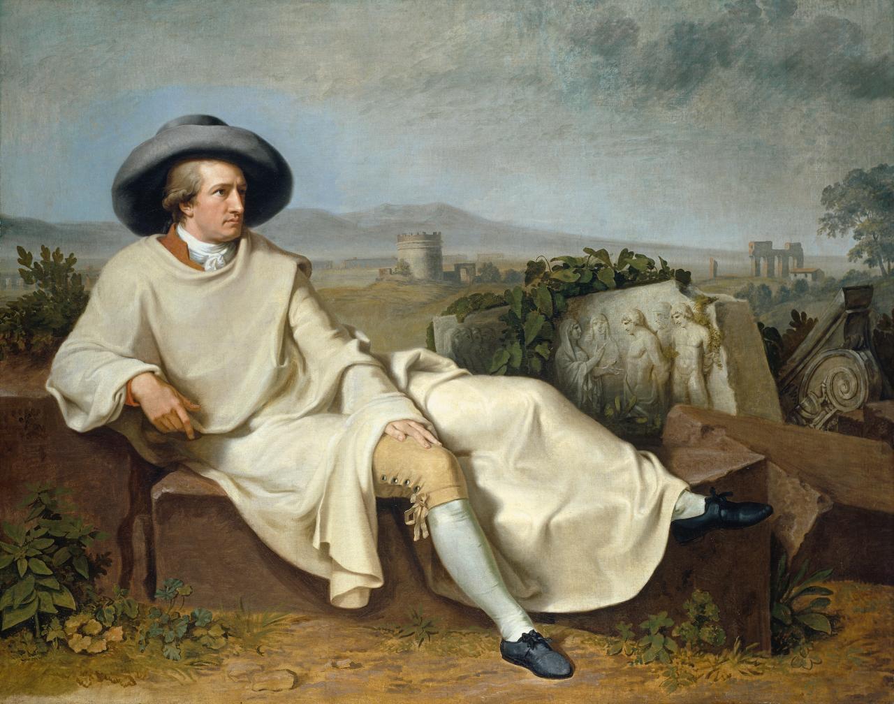 Johann H. W. Tischbein<br/>
German 1751-1829<br/>
<em>Goethe in the Roman Campagna</em> 1786-87<br/>
(<em>Goethe in der römischen Campagna</em>) <br/>
oil on canvas<br/>
164.0 x 206.0 cm<br/>
Städel Museum, Frankfurt am Main<br/>
Acquired in 1878 as a donation by Baroness Salomon von Rothschild<br/>