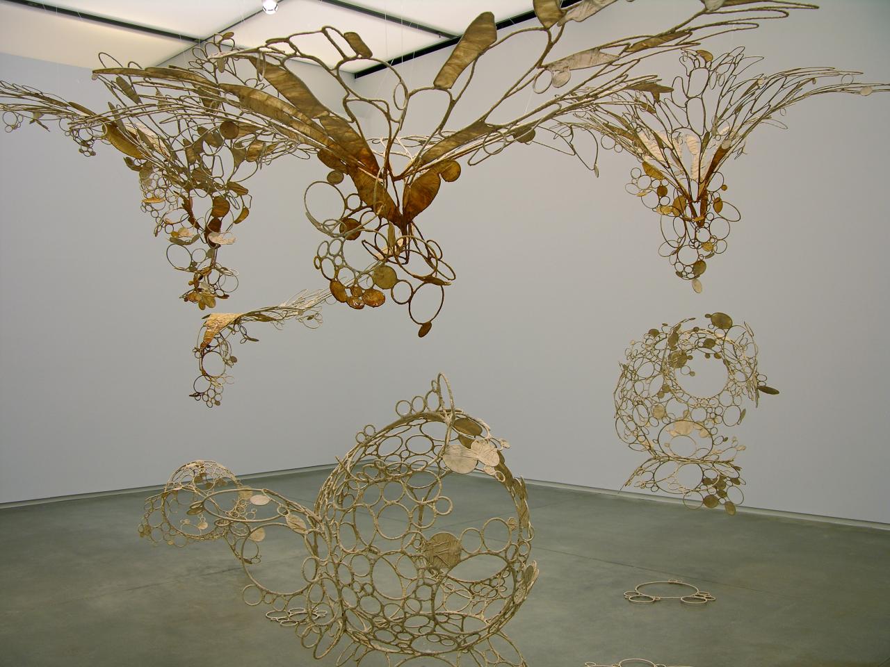 Ranjani Shettar<br/>
Indian 1977-<br/>
<em>Sun-sneezers blow light bubbles</em> 2007-08<br/>
stainless steel, muslin, tamarin kernel paste, lacquer<br/>
487.7 x 731.5 x 426.7 cm (variable)<br/>
Collection of Talwar Gallery New York/New Delhi and the artist, Bangalore<br/>
Photo: Courtesy of Talwar Gallery, New York / New Delhi<br/>
© Ranjani Shettar