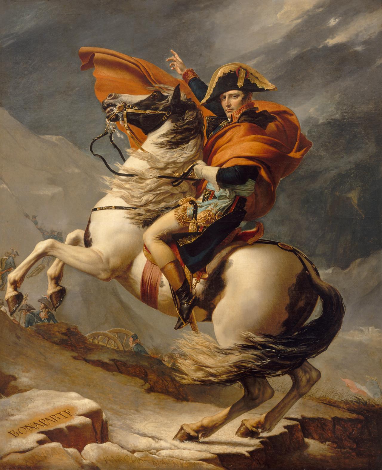 Jacques-Louis DAVID<br/>
French 1748-1825<br/>
<em>Napoleon Bonaparte, First Consul, crossing the Alps at Great St Bernard Pass, 20 May 1800 (Bonaparte, Premier Consul, franchissant les Alpes, au mont Saint-Bernard, le 20 mai 1800)</em> 1803<br/>
oil on canvas<br/>
267.5 x 223.0 cm<br/>
Versailles, musée national du château (MV 8550)<br/>
© RMN (Château de Versailles) - Franck Raux