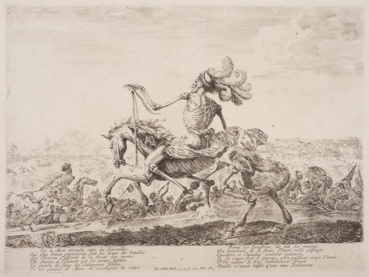 Stefano della Bella<br/>
Italian 1610–64<br/>
<em>Death on the battlefield</em> c.1646–7<br/>
etching, 3rd or 4th of 4 states<br/>
22.5 x 30.3 cm (plate), 25.7 x 33.7 (sheet)<br/>
De Vesme 93 iii or iv/iv<br/>
Special Collections, Baillieu Library, The University of Melbourne<br/>
Gift of Dr J. Orde Poynton 1959 (1959.4585.000.000)<br/>