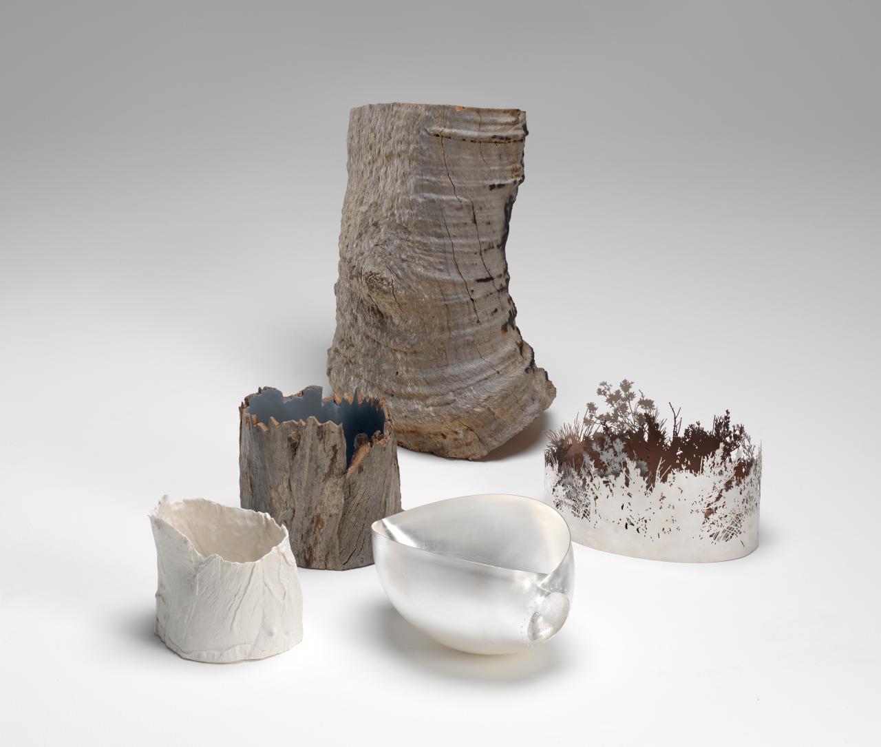 Marian Hosking<br/>
born Australia 1948<br/>
<em>Clearing</em> 2012<br/>
Eucalyptus (Eucalyptus sp.), sterling silver, Banksia (Banksia sp.), mild steel, porcelain, epoxy, paint<br/>
(1) 54.5 x 49.5 x 33.2 cm; (2) 18.0 x 34.0 x 24.5 cm; (3) 19.0 x 30.0 x 20.0 cm; (4) 19.0 x 22.0 x 18.0 cm; <br/>
(5) 22.3 x 24.5 x 21.6 cm<br/>
Collection of the artist, Melbourne<br/>
© Marian Hosking