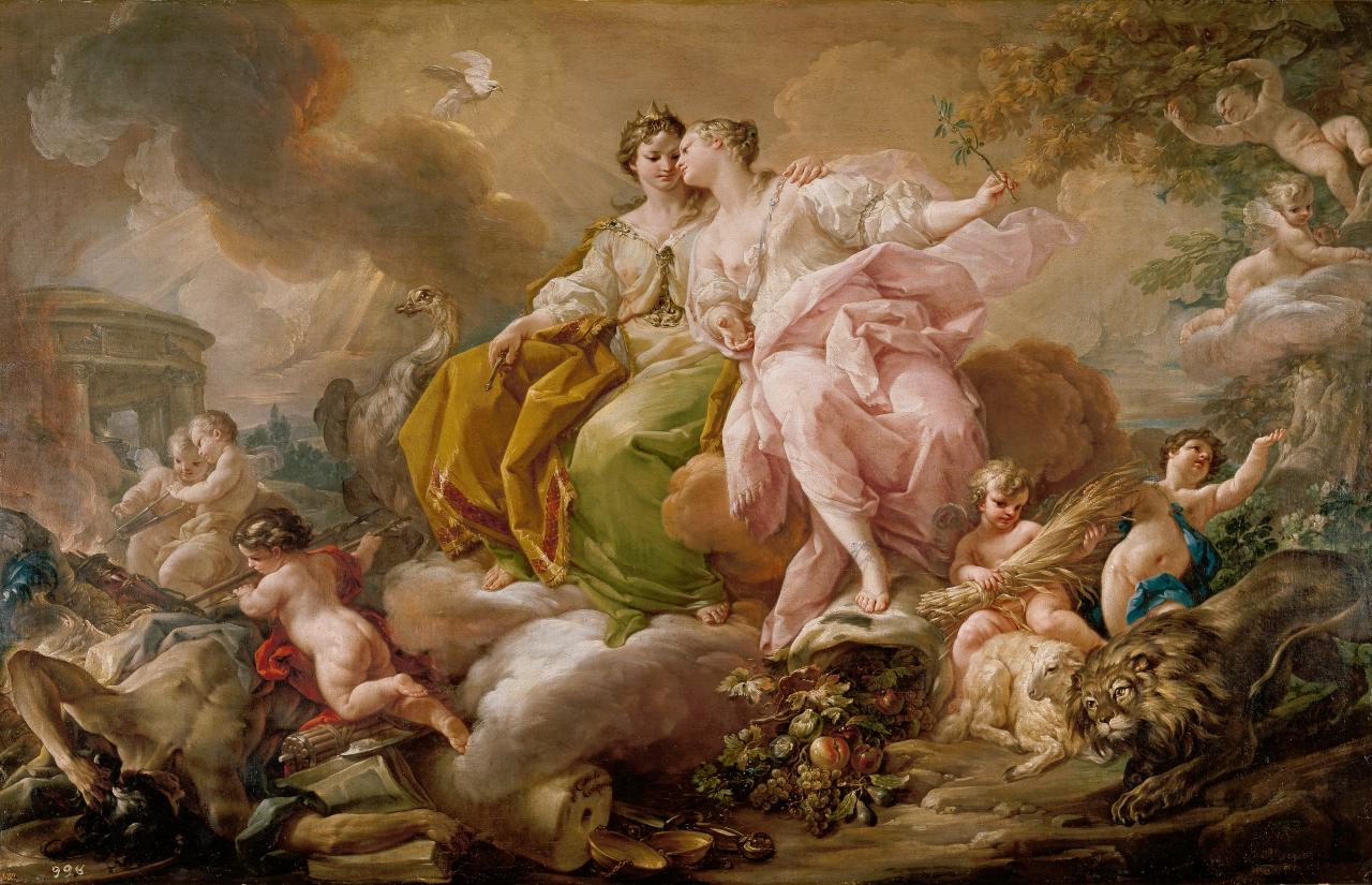 Corrado Giaquinto<br/>
Italian 1703–1766, worked in Spain 1753–62<br/>
<em>Allegory of Justice and Peace</em> (<em>Allegoria della Giustizia e della Pace</em>) c.1753–54<br/>
oil on canvas<br/>
216.0 x 325.0 cm<br/>
Museo Nacional del Prado, Madrid (P00104)<br/>
Spanish Royal Collection<br/>