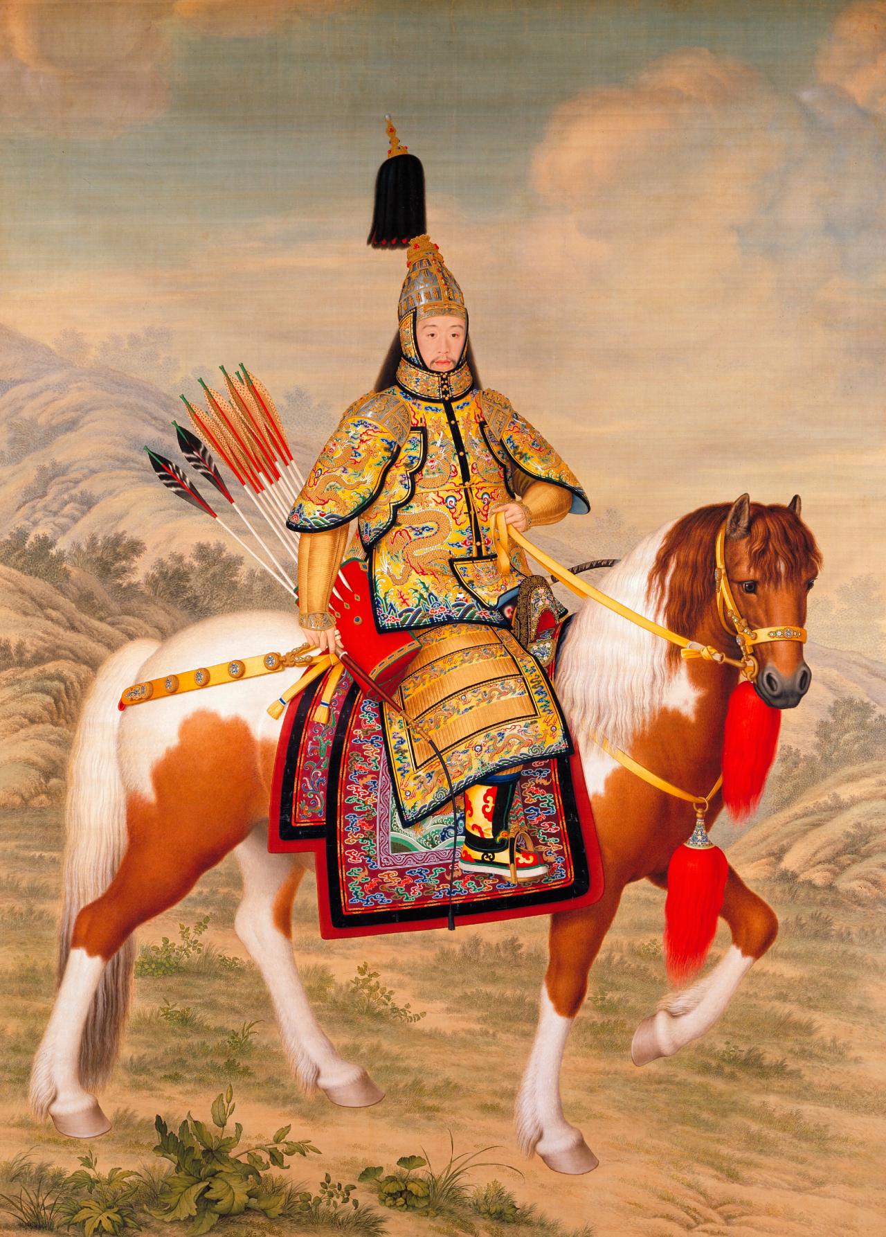 CHINESE<br/>
<em>Qianlong Emperor in ceremonial armour on horseback</em> Qing dynasty, Qianlong period 1736–1795<br/>
coloured inks on silk <br/>
322.5 x 232.0 cm<br/>
The Palace Museum, Beijing (Gu8761)<br/>