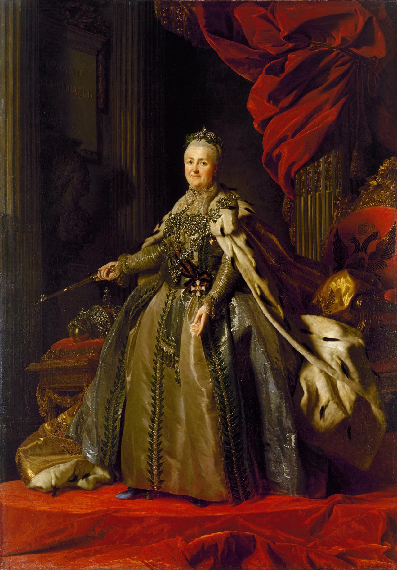 Alexander Roslin <br/>
Swedish 1718–93 <br/>
<em>Portrait of Catherine II</em> 1776–77 <br/>
oil on canvas <br/>
271.0 х 189.5 cm <br/>
The State Hermitage Museum, St Petersburg <br/>
(Inv. no. ГЭ-1316) <br/>
Acquired from the artist, 1777<br/>