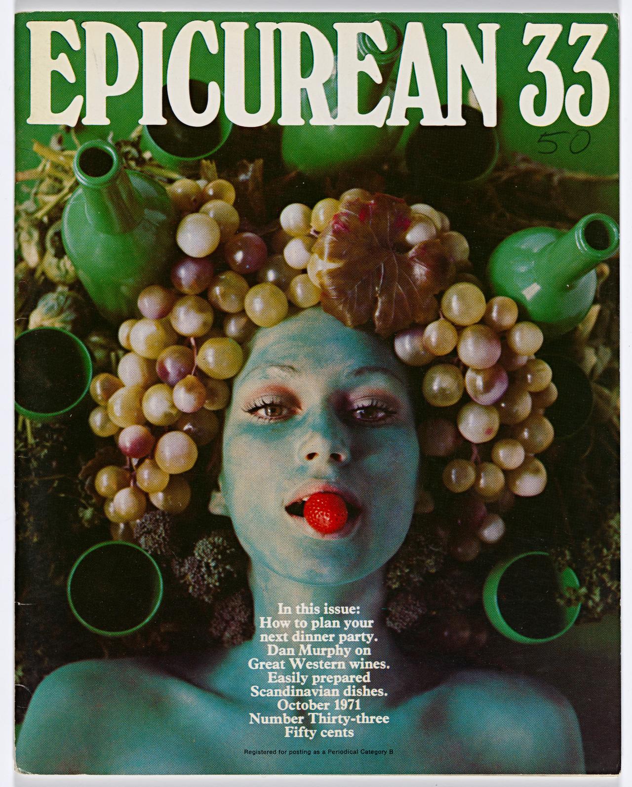 Les Mason (graphic designer)<br/>
USA born 1924 <br/>
Les Mason Graphic Design, Melbourne (design studio)<br/>
Australia est 1962 <br/>
<em>Epicurean Magazine cover design,</em> <em>Issue 33</em> 1971 <br/>
digital reproduction <br/>
Victoria Lawrence Publishing<br/>
© Les Mason Estate. No part may be reproduced, copied or altered without prior written permission granted by the Estate