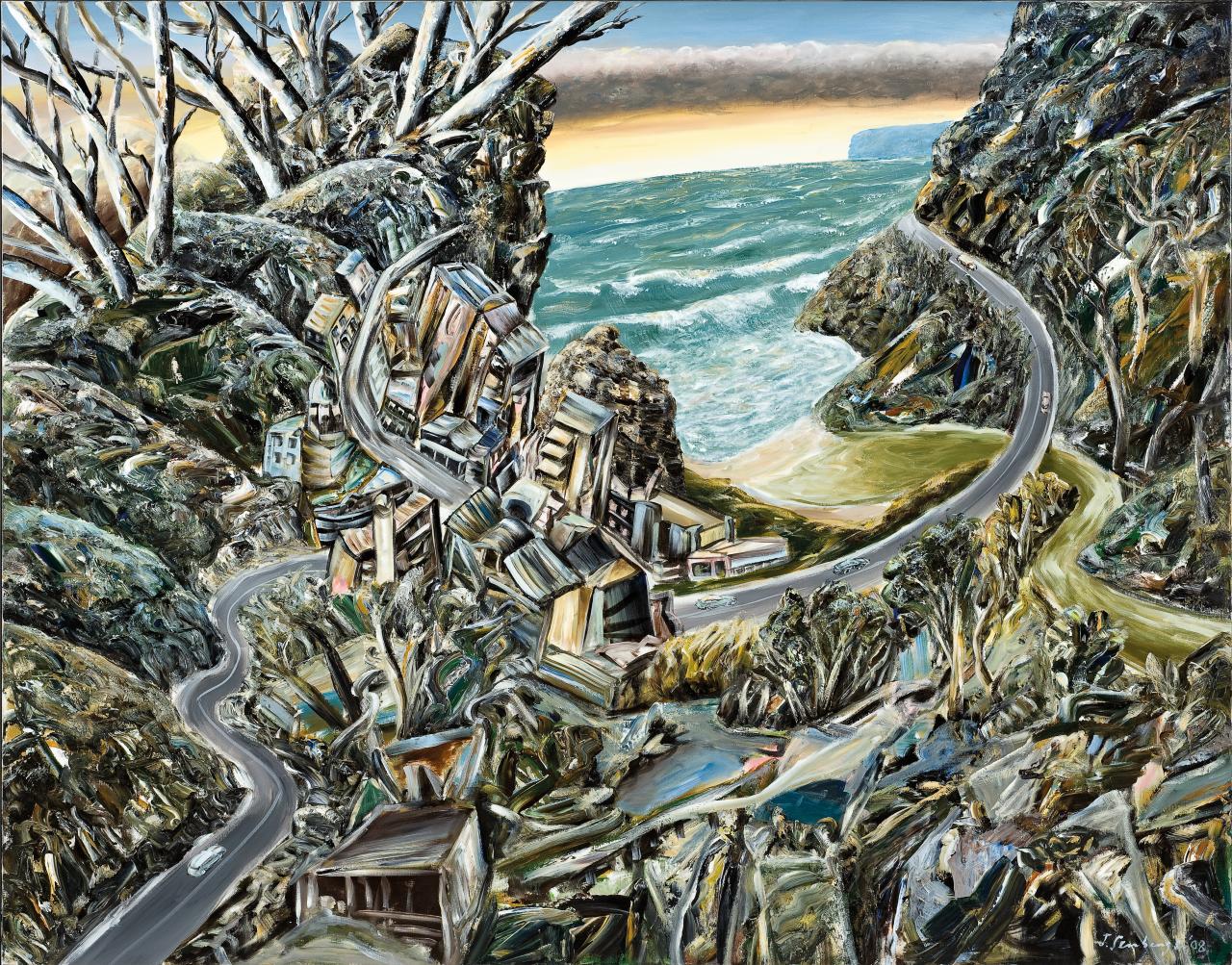 Jan Senbergs<br/>
born Latvia 1939, arrived Australia 1950<br/>
<em>Coastal settlement</em> 2009 <br/>
synthetic polymer paint on canvas <br/>
169.0 x 216.0 cm <br/>
Private collection, Melbourne<br/>
Photo: Mark Ashkanasy<br/>
© Jan Senbergs. Administered by Viscopy, Sydney.