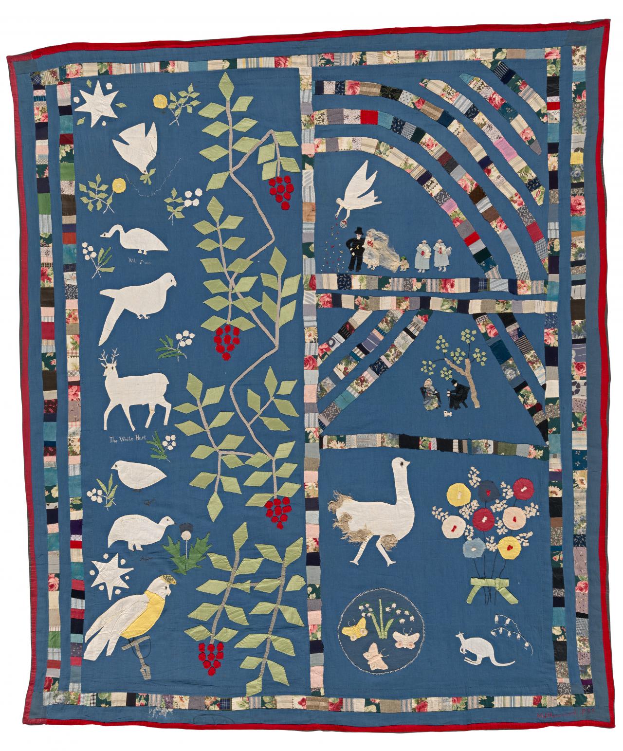 Mary Jane Hannaford<br/>
born England 1840, arrived Australia 1842, died 1930<br/>
<em>Wedding quilt</em>  1922<br/>
sequins, glass beads, cotton, wool, mixed fabrics (unidentified) <br/>
195 x 169 cm<br/>
National Gallery of Australia, Canberra<br/>
Gift of Miss Swanson 1997<br/>