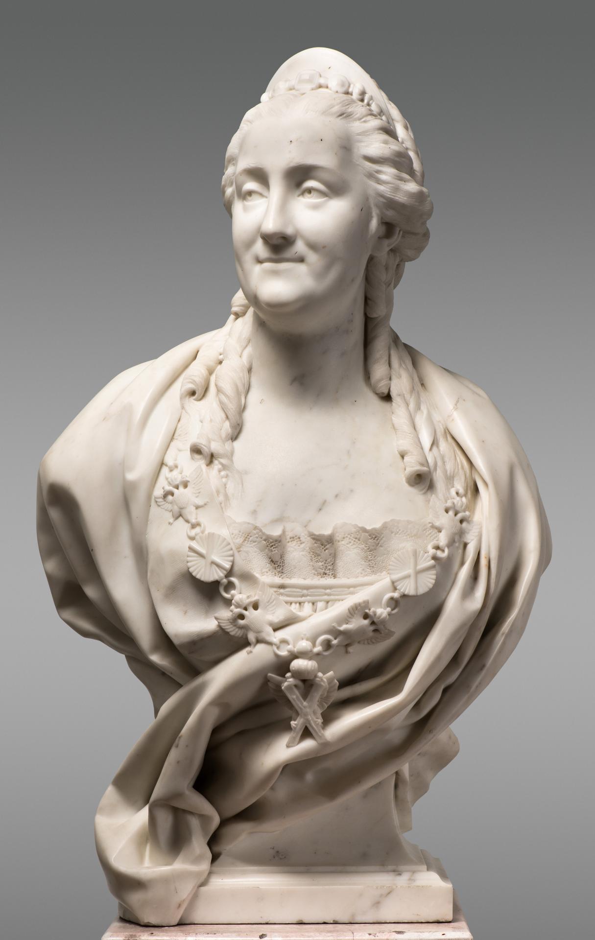 Jean-Antoine Houdon <br/>
French 1741–1828 <br/>
<em>Catherine II</em> 1773 <br/>
marble <br/>
90.0 x 50.0 x 32.0 cm <br/>
The State Hermitage Museum, St Petersburg <br/>
(Inv. no. Н.ск. 1676) <br/>
Transferred from the Stroganov Palace, <br/>
Leningrad, 1928<br/>