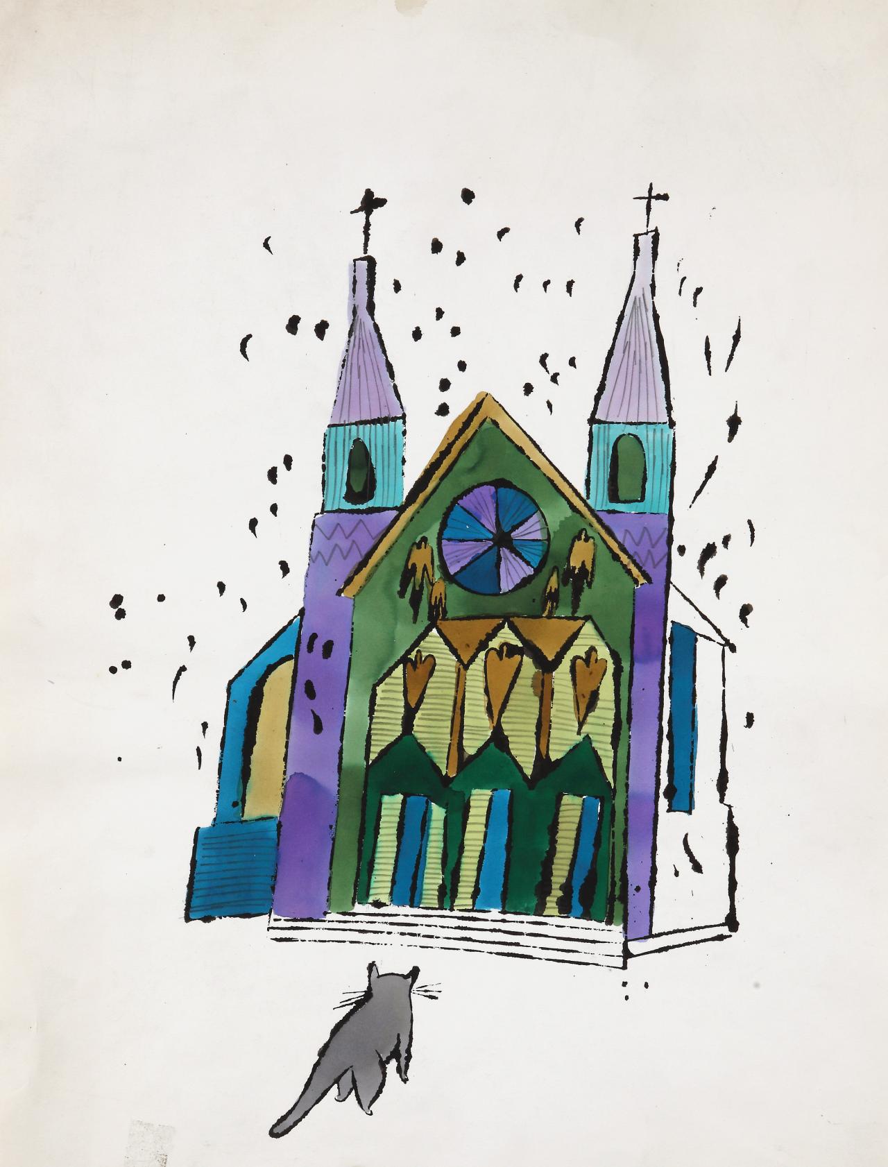 Andy Warhol<br/>
American 1928–87<br/>
<em>Cat inFront of Church</em> c. 1959<br/>
ink, graphite, and Dr. Martin's Aniline dye on Strathmore Seconds paper<br/>
57.5 x 45.1 cm<br/>
The Andy Warhol Museum, Pittsburgh; Founding Collection, Contribution The Andy Warhol Foundation for the Visual Arts, Inc.<br/>
1998.1.1035<br/>
© The Andy Warhol Foundation for the Visual Arts, Inc./ARS, New York. Licensed by Viscopy, Sydney.