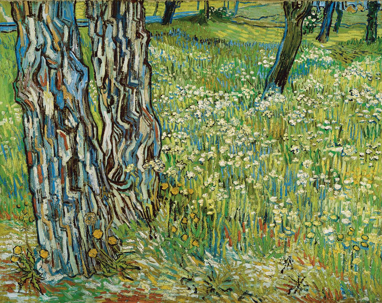 Vincent van Gogh<br/>
Dutch 1853–90<br/>
<em>Tree trunks in the grass</em> late April 1890 Saint-Rémy<br/>
oil on canvas<br/>
72.5 x 91.5 cm<br/>
F 676, JH 1970<br/>
Kröller-Müller Museum, Otterlo (KM 100.189)<br/>
© Kröller-Müller Museum