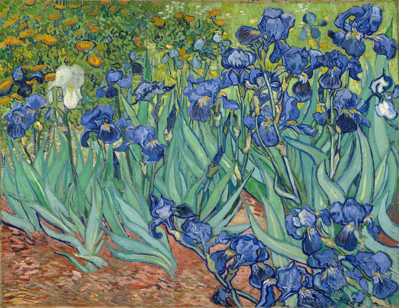 Vincent van Gogh <br/>
<em>Irises</em> May 1889 Saint-Rémy<br/>
oil on canvas <br/>
74.3 x 94.3 cm <br/>
J. Paul Getty Museum, Los Angeles (90.PA.20) <br/>
Digital image courtesy of the Getty's Open Content Program<br/>