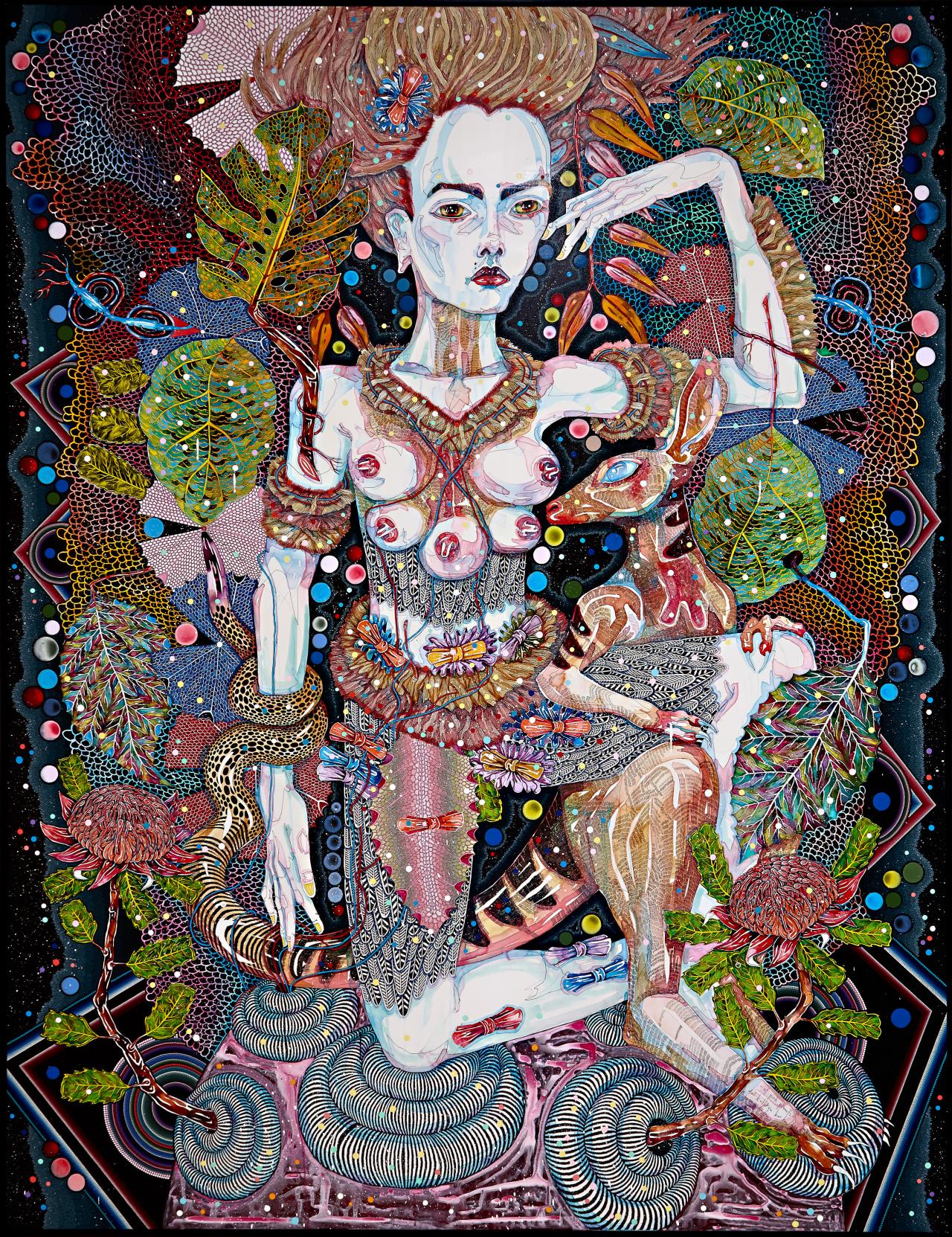 Del Kathryn Barton<br/>
<em>of pink planets</em> 2014<br/>
synthetic polymer paint and fibre-tipped pen on canvas<br/>
240.0 x 180.0 cm <br/>
Collection of Boris Tosic, Sydney<br/>
© Del Kathryn Barton