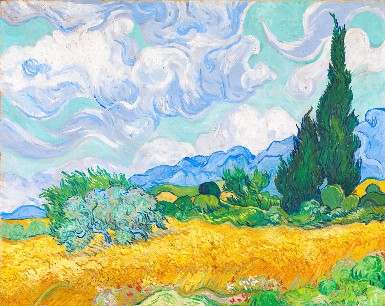 Vincent van Gogh<br/>
<em>A wheatfield, with cypresses</em> early September 1889 Saint-Rémy<br/>
oil on canvas<br/>
72.1 x 90.9 cm<br/>
F 615, JH 1755 <br/>
National Gallery, London<br/>
Bought, Courtauld Fund, 1923 (NG3861)<br/>
© The National Gallery, London<br/>
Photo: The National Gallery, London