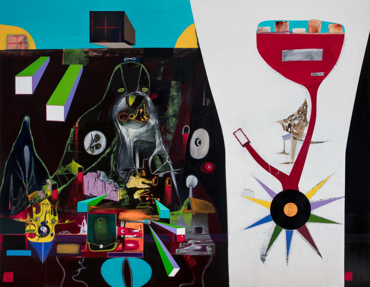 EXHI046432.tif  <br/>
Gareth Sansom <br/>
Transformer 2016–17<br/>
oil, enamel paint, graphite pencil and vinyl record on canvas<br/>
213.4 x 274.3 cm<br/>
Courtesy the artist and Milani Gallery, Brisbane<br/>
© Gareth Sansom/Administered by Viscopy, 2017<br/>
© Gareth Sansom/Administered by Viscopy, 2017