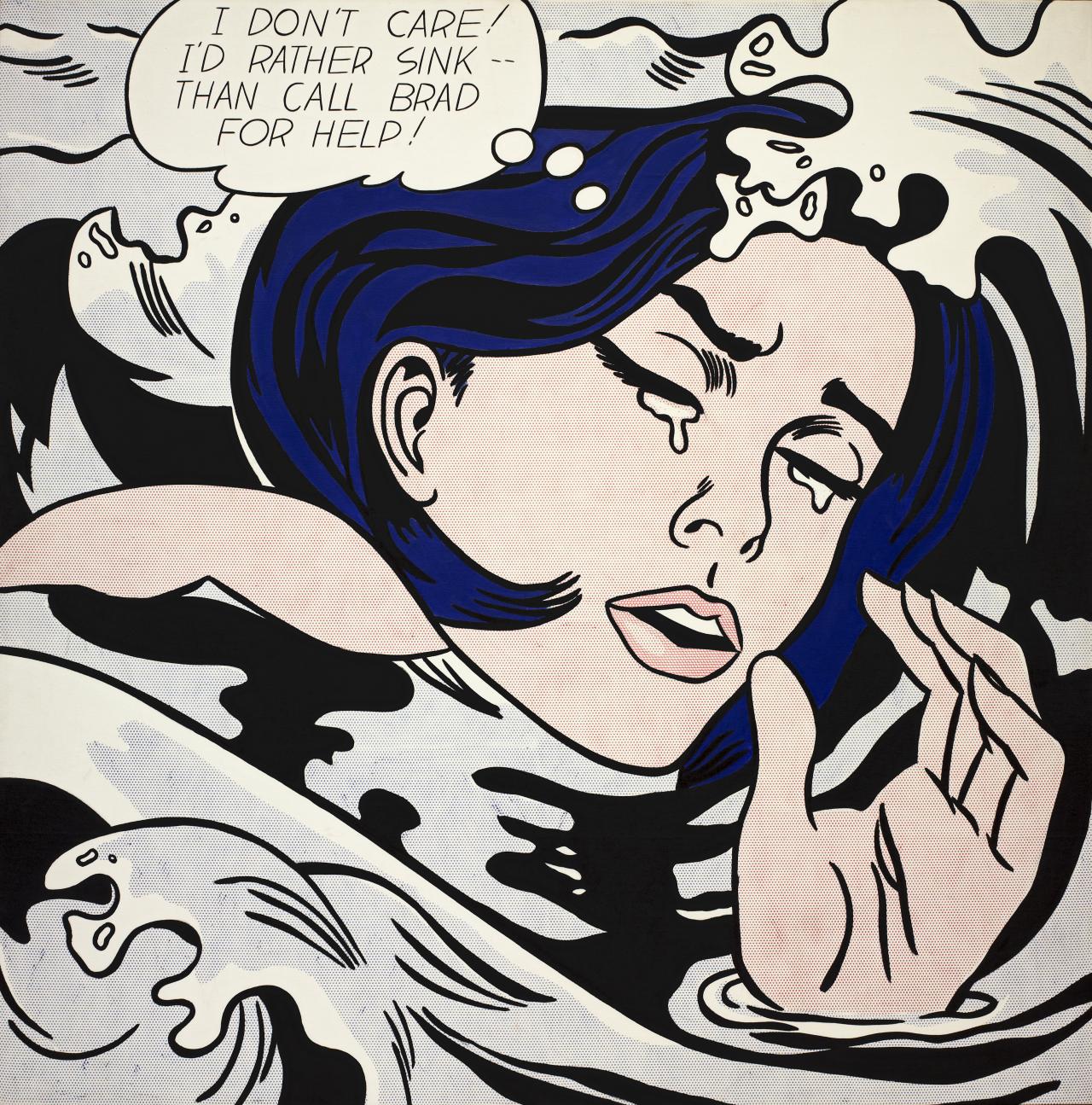 Roy Lichtenstein<br/>
American 1923–97<br/>
<em>Drowning girl</em> 1963<br/>
oil and synthetic polymer paint on canvas<br/>
171.6 x 169.5 cm<br/>
The Museum of Modern Art, New York<br/>
Philip Johnson Fund (by exchange) and gift of Mr. and Mrs. Bagley Wright, 1971<br/>
© Estate of Roy Lichtenstein/Licensed by Copyright Agency, 2018