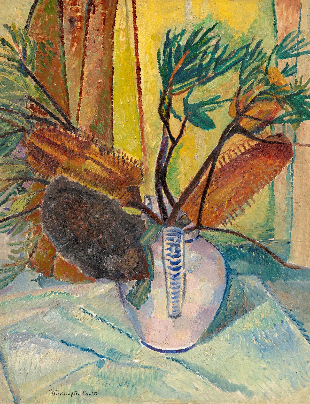 Grace Cossington Smith<br/>
Australia 1892–1984<br/>
<em>Bottlebrushes</em> 1935 <br/>
oil on composition board<br/>
62.2 x 52.4 cm<br/>
National Gallery of Victoria, Melbourne<br/>
Gift of Andrée Harkness through the Australian Government’s Cultural Gifts Program, 2020<br/>
© Estate of Grace Cossington Smith