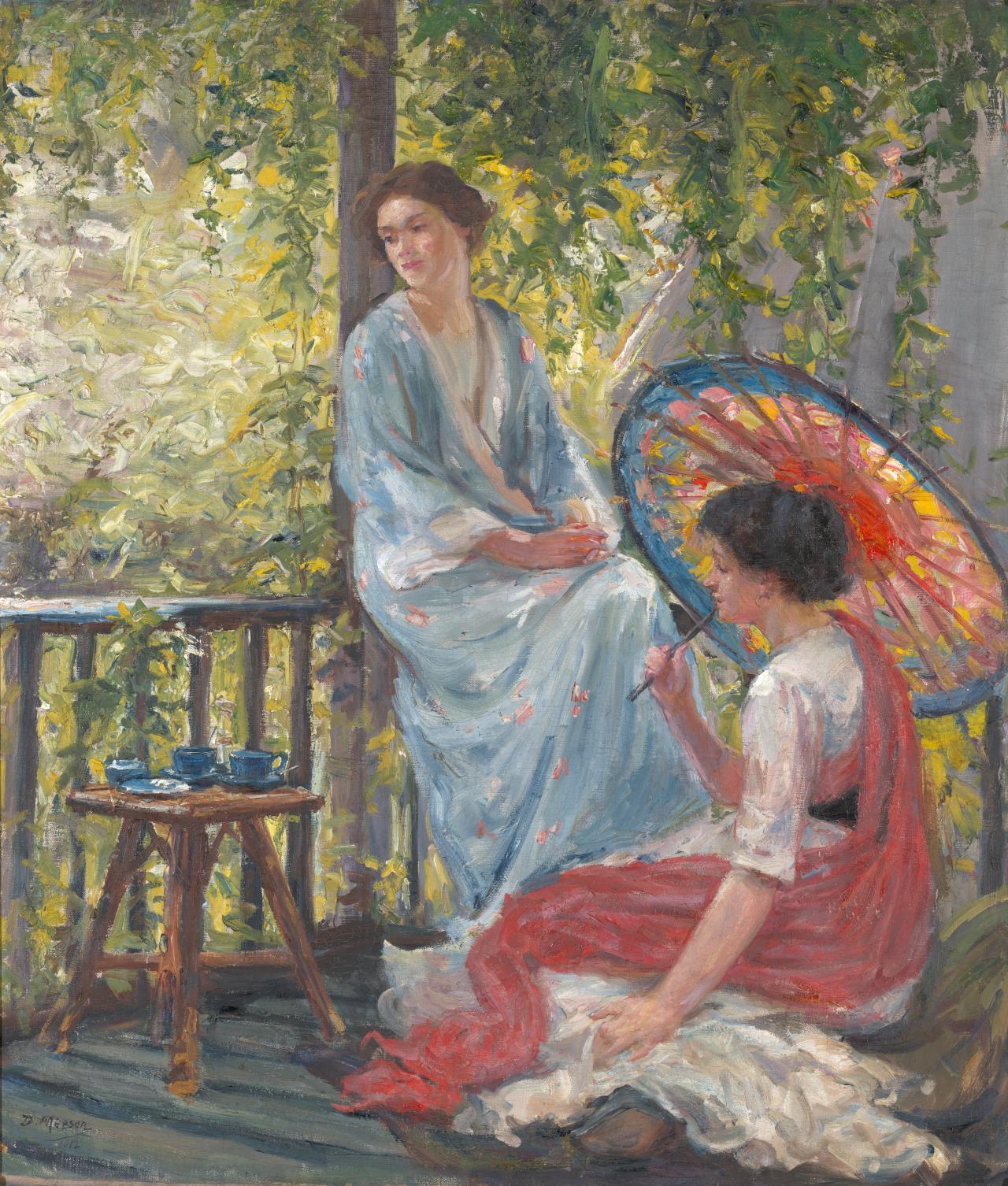 Dora Meeson<br/>
Australian 1869–1955, worked in England (c. 1901)–1955<br/>
<em>On a Chelsea balcony</em> 1912 <br/>
oil on canvas<br/>
91.5 x 78.5 cm<br/>
National Gallery of Victoria, Melbourne<br/>
© Reproduced by permission of Lt.Col Simon R Hearder on behalf of the heirs in copyright