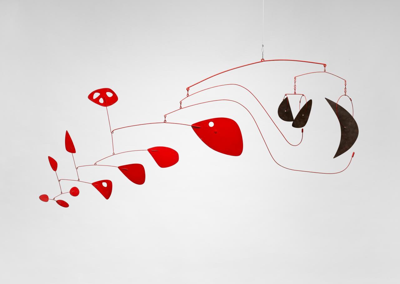 Alexander Calder<br/>
American 1898&ndash;1976<br/>
<em>Triple Gong</em> 1951<br/>
painted steel, painted wire, and brass<br/>
78.7 x 172.7 cm<br/>
National Gallery of Art, Washington, D.C.; Gift of Mr. And Mrs. Klaus G. Perls<br/>
Accession number: 1996.120.27<br/>
&copy; 2019 Calder Foundation, New York / Copyright Agency, Australia<br/>