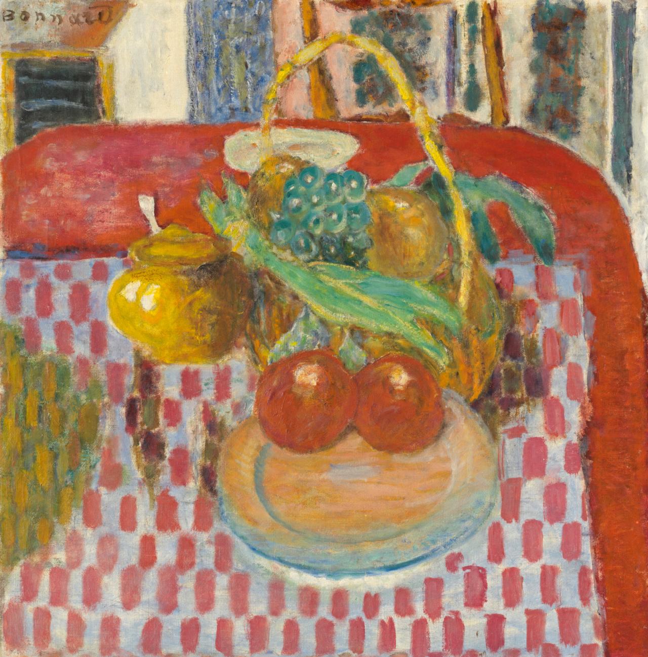 Pierre Bonnard<br/>
<em>The checkered tablecloth</em> (<em>Corbeille et assiette de fruits sur la nappe à carreaux rouges</em>) 1939<br/>
oil on canvas<br/>
58.4 × 58.4 cm<br/>
Art Institute of Chicago <br/>
Gift of Mary and Leigh Block, 1988 (1988.141.4)<br/>
Photo: The Art Institute of Chicago / Art Resource, NY