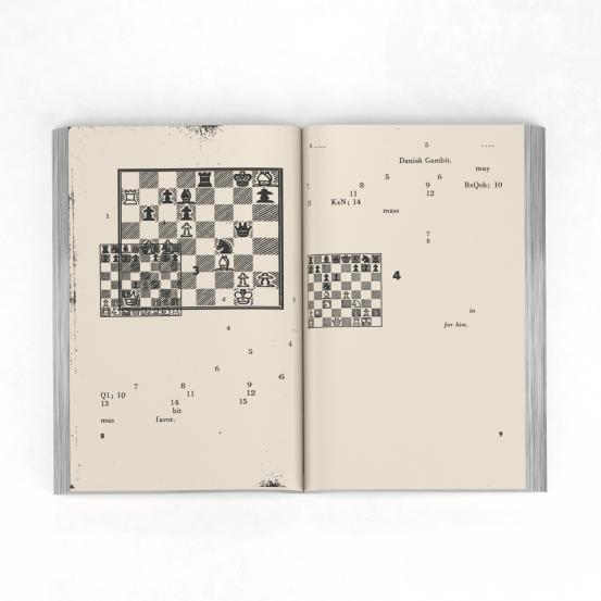 A.I. generated Nonhuman book, from a reading of Complete Book of Chess Openings, 1958, Fred Reinfeld, Photo credit Atomic Activity Books.<br/><br/>