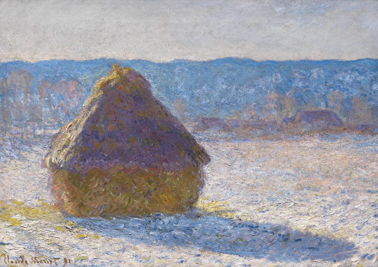 Claude Monet<br/>
French 1840–1926<br/>
<em>Grainstack (snow effect)</em> 1891<br/>
oil on canvas<br/>
65.4 x 92.4 cm<br/>
Museum of Fine Arts, Boston<br/>
Gift of Miss Aimée and Miss Rosamond Lamb in memory of Mr. and Mrs. Horatio Appleton Lamb (1970.253)<br/>
Photography © Museum of Fine Arts, Boston. All Rights Reserved.