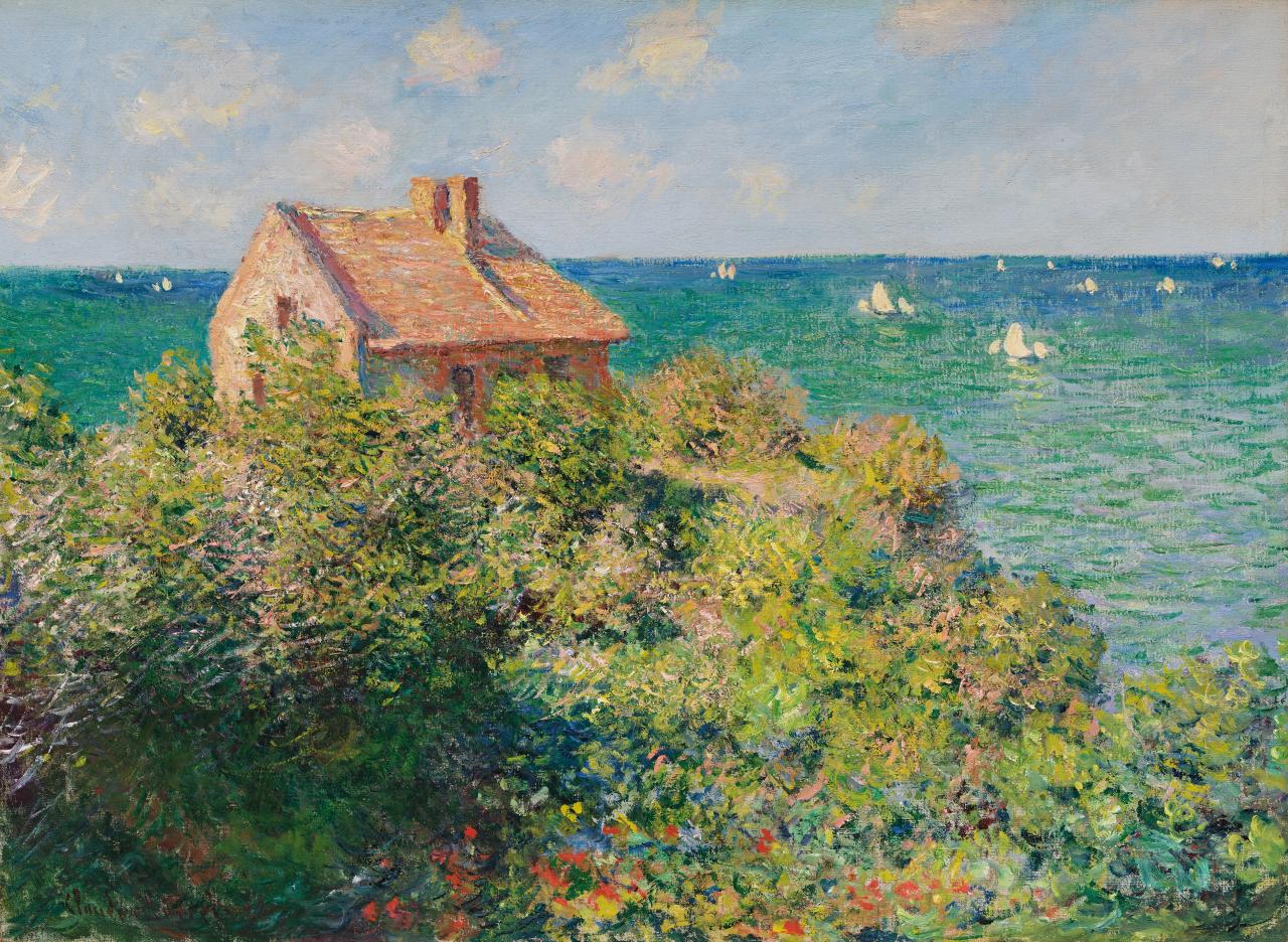 Claude Monet<br/>
French 1840–1926<br/>
<em>Fisherman's cottage on the cliffs at Varengeville</em> 1882<br/>
oil on canvas<br/>
60.6 x 81.6 cm <br/>
Museum of Fine Arts, Boston<br/>
Bequest of Anna Perkins Rogers (21.1331)<br/>
Photography © Museum of Fine Arts, Boston. All Rights Reserved.