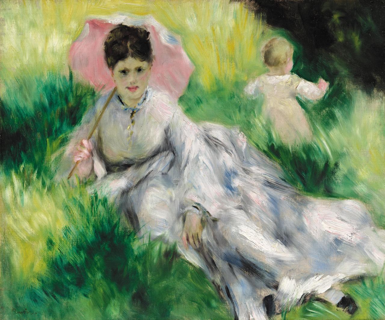 Pierre-Auguste Renoir<br/>
French 1841–1919<br/>
<em>Woman with a parasol and small child on a sunlit hillside</em> c. 1874–76<br/>
oil on canvas<br/>
47.0 x 56.2 cm<br/>
Museum of Fine Arts, Boston<br/>
Bequest of John T. Spaulding (48.593)<br/>
Photography © Museum of Fine Arts, Boston. All Rights Reserved.